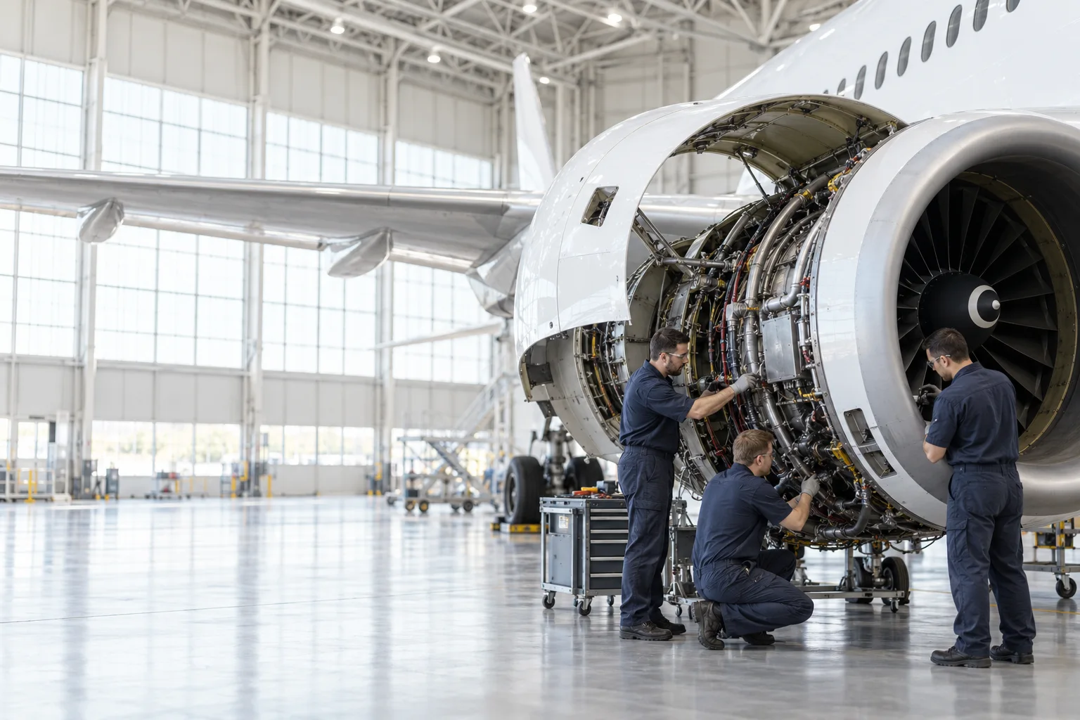 Aircraft engineers working beside an open jet engine in a light-filled hangar